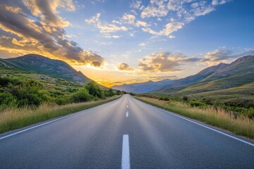 Naklejka premium Sunset landscape of asphalt road and mountains with cloudy sky