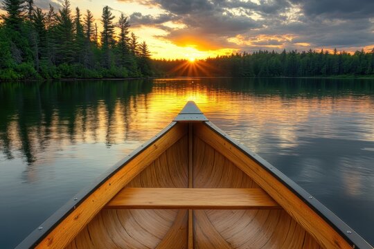 Sunset over a cedar canoe on a lake in Haliburton Canada