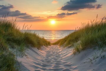 Sunset over sandy path to North Sea in the Netherlands