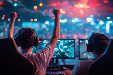 Two pro esports teams competing in a championship arena at a Cyber Games online tournament with spectators cheering and live streaming
