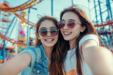 Two teenage girls spend time together at amusement park taking selfies with roller coaster in background