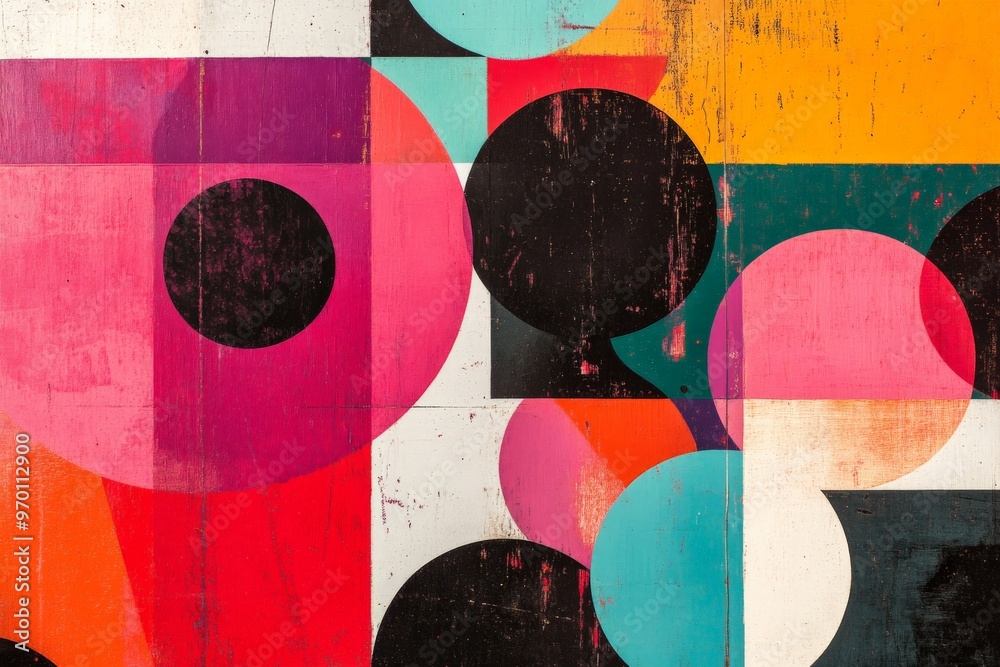 Fototapete This image features a vibrant abstract composition with overlapping circles and rectangles in shades of red, pink, teal, orange, yellow, and black, forming a dynamic pattern.