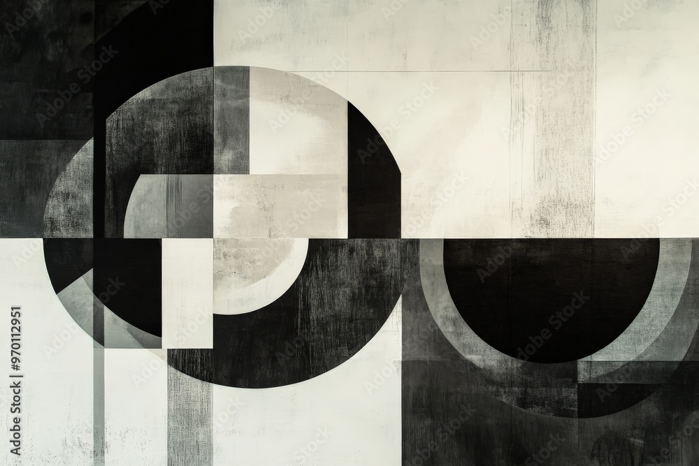 Fototapete a black and white abstract artwork featuring geometric shapes and circles, creating a visually intri