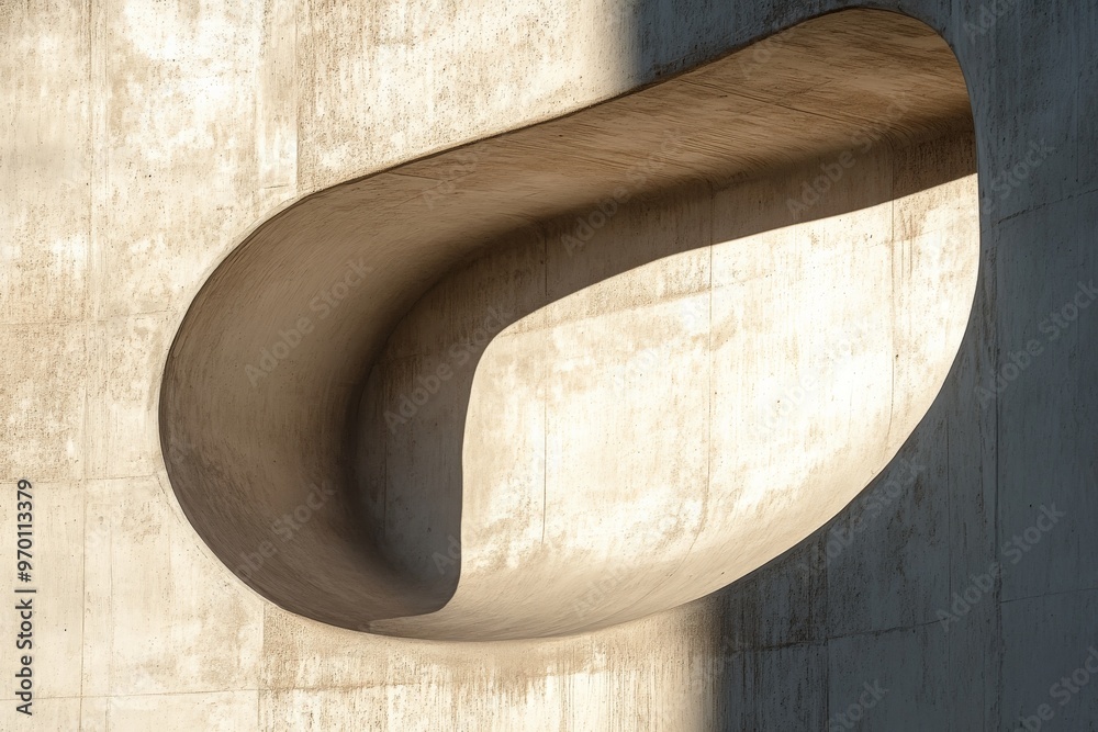 Aufkleber A striking image of a concrete structure featuring a curved hollow section that creates dynamic shadows, demonstrating an interplay between light and architectural form.