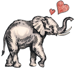 A drawing of an elephant with two hearts on its trunk