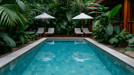 Fototapeta premium Tropical Poolside Relaxation With Lounge Chairs