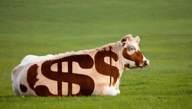 A funny animal image of a cow with cash dollar sign symbols on the fur. An illustration of investment, profit, income and business concept.