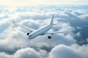 Obraz premium White passenger airplane flying with amazing clouds in background Air travel