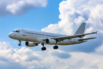 White passenger plane lands under sunny sky