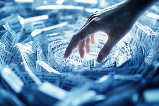 Hand reaching into swirling mass of newspapers, symbolizing information overload, media complexity, and search for truth in a chaotic world