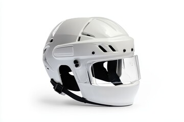 Fototapeta premium White plastic ice hockey helmet on white background with no shadow