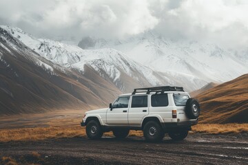 White SUV parked on mountain dirt track for adventure trip