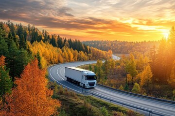 White truck on winding forested highway at autumn sunset
