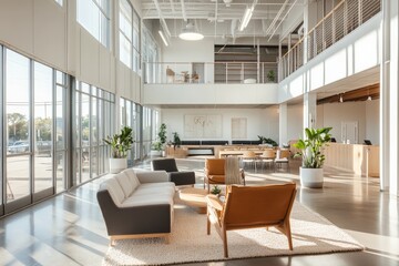 Fototapeta premium A spacious and well-lit modern office lounge area featuring cozy furnishings like sofas and chairs, natural light pouring in through large windows, and a neatly organized layout.