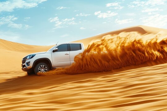 White truck splashes sand patterns in desert