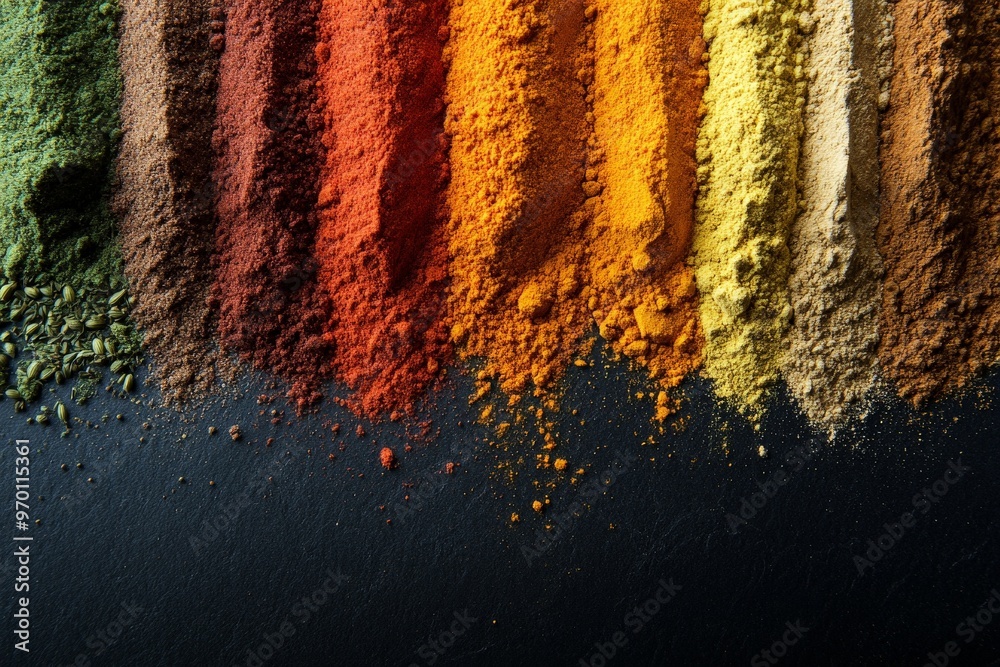 Poster Vibrant, assorted ground spices in a linear arrangement showcasing a gradient of colors from green to light beige over a textured black surface.