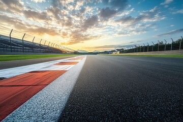 Wide perspective of an empty international race track with start and finish line in the morning