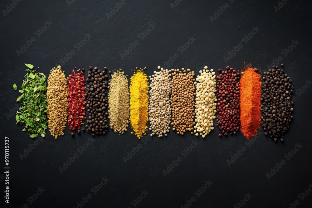 Poster A visually striking array of colorful spices arranged neatly in a row against a dark background, showcasing the diversity and richness of culinary ingredients.