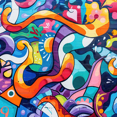 Obraz premium Vibrant Colorful Abstract Mural: Modern Graffiti Patterns and Shapes in Street Art Design - Eye-Catching Artistic Expression with Bold Colors, Textures, and Whimsical Geometry for Urban Decoration