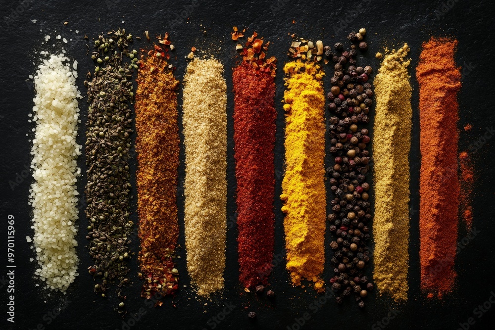 Poster A variety of colorful and aromatic spices arranged in neat rows on a dark background, showcasing the diversity and richness of culinary ingredients from around the world.