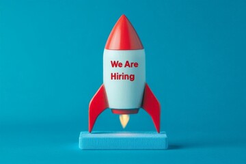 A hiring announcement with a toy rocket, symbolizing the launch of new opportunities and growth, set against a vibrant blue background to attract job seekers and talent.