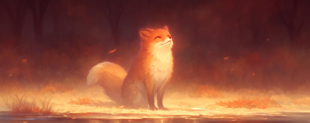 kawaii baby fox in autumn