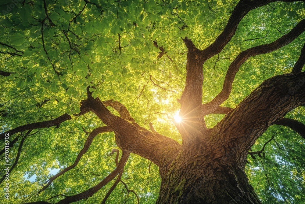 Poster A beautiful image capturing sunlight filtering through the lush green canopy of a majestic old tree with thick branches and leaves creating a serene scene.