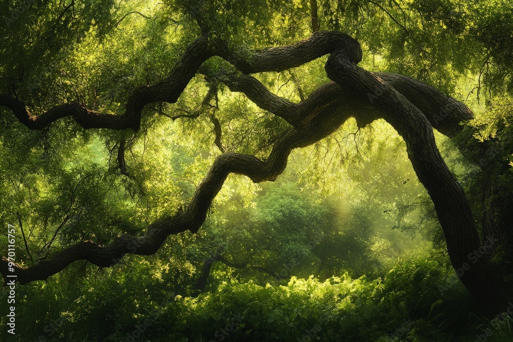 Poster This image shows the twisted, gnarled branches of a tree illuminated by sunlight in a lush green forest, highlighting the intricate patterns and textures.