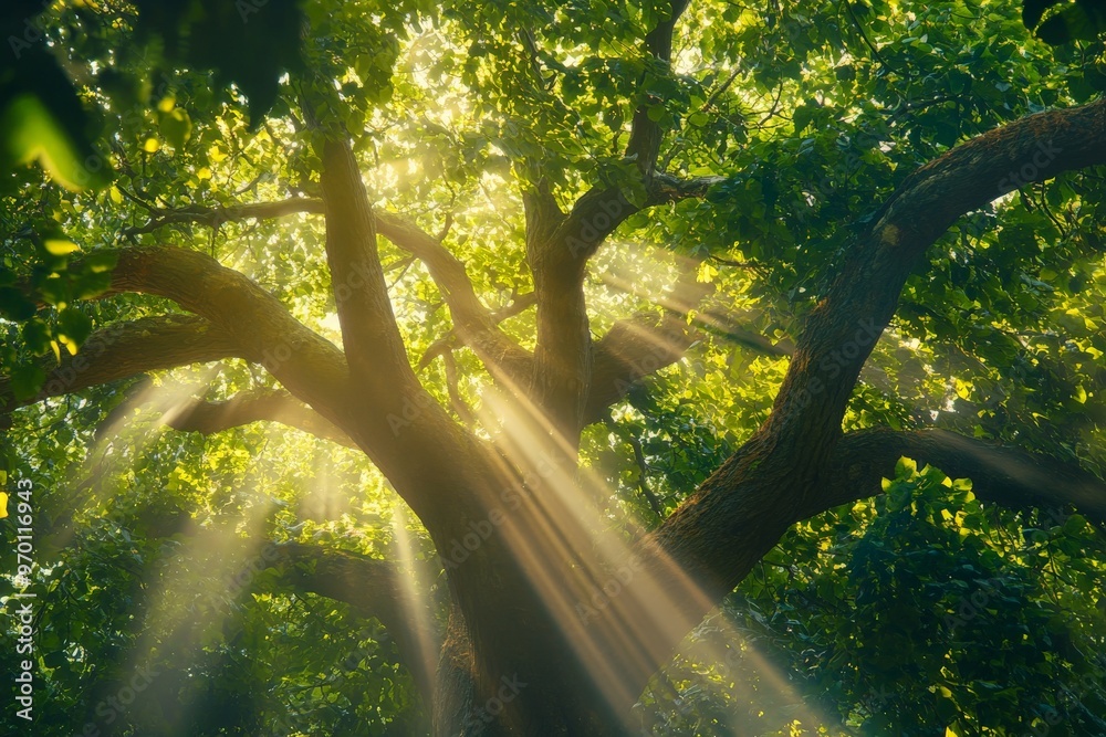 Aufkleber Sunlight filters through the dense foliage of a tree, casting beautiful rays of light that create a serene and peaceful forest environment filled with natural splendor.