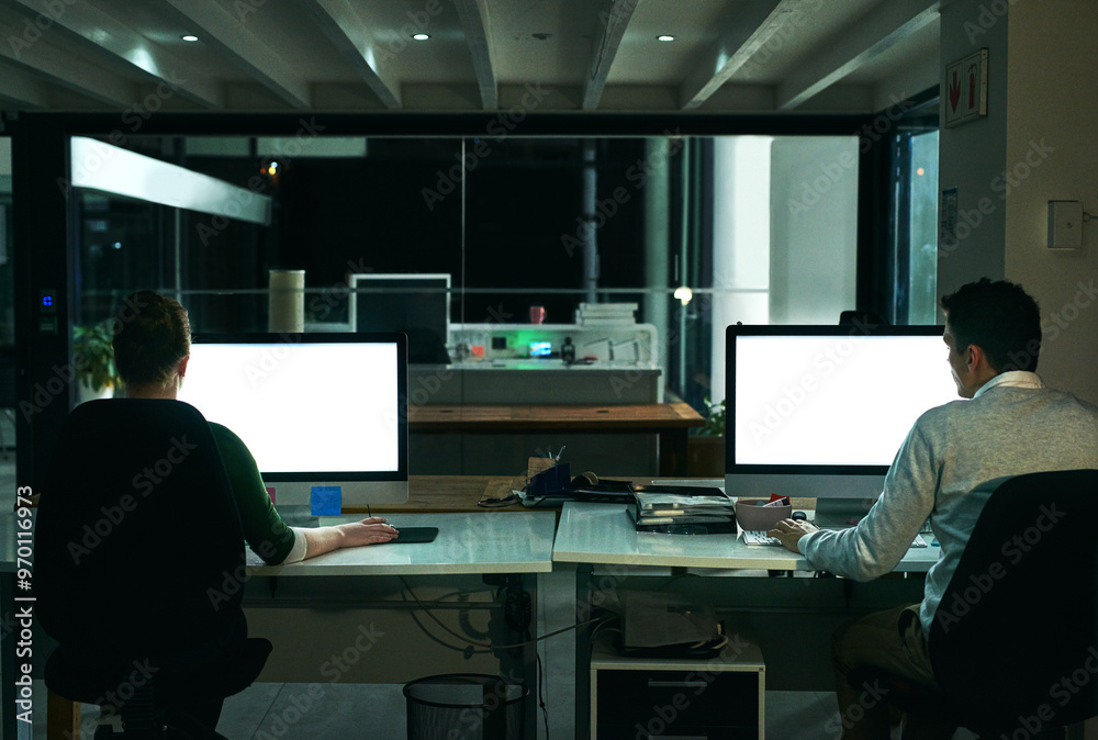 Poster Computer screen, design and night with business people in office together for overtime deadline. Back, display and mockup space with employee or designer team in workplace for evening programming