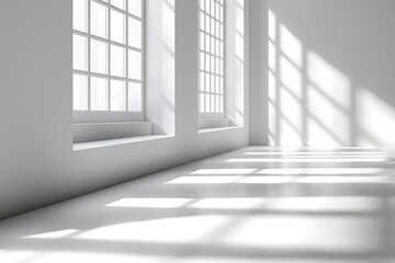 Fototapeta premium Sunlight streaming through two windows in a white room casting shadows on the floor
