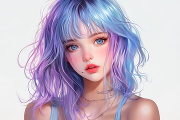 Fototapeta premium Anime girl with blue and purple hair, blue eyes and red lips
