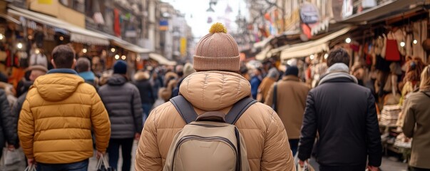 Obraz premium Throngs of Shoppers Immersed in the Festive Energy of a Seasonal Market Sale, Capturing the Joy and Excitement of a Crowded Shopping Experience