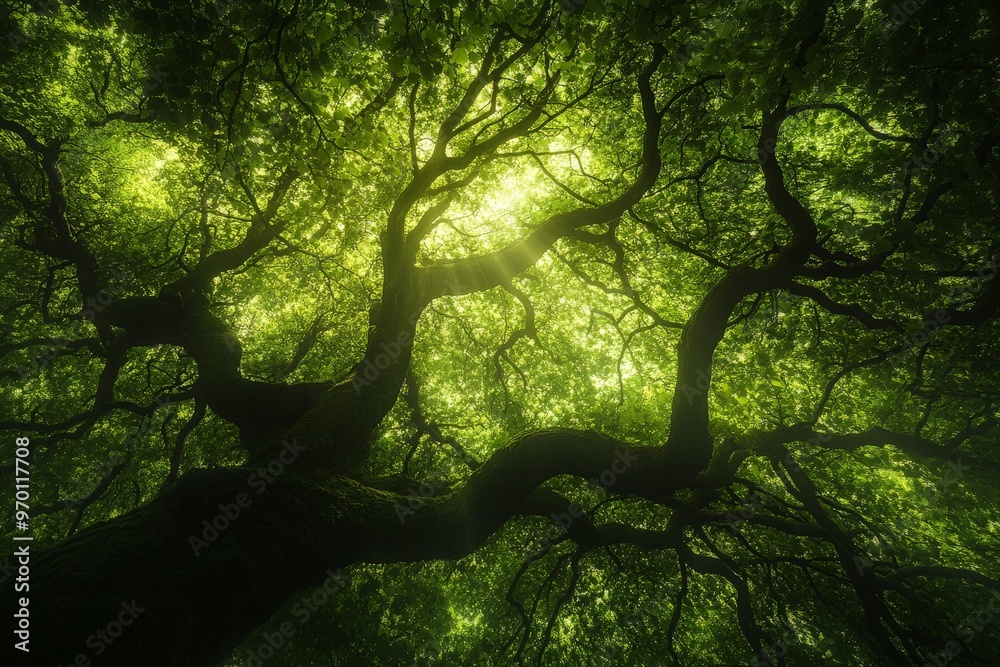 Poster An enchanting view of a tree's canopy with beautiful rays of sunlight shining through, enveloped in lush green foliage, representing the serene and calming essence of the forest.