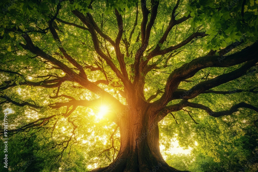 Poster A grand tree with extensive, far-reaching branches, with sunlight filtering through, surrounded by green leaves, epitomizing the serenity and magnificence of nature.