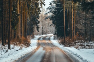 Winter road through the forest