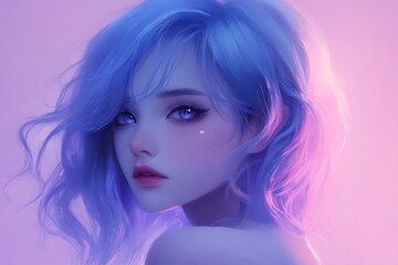 Fototapeta premium Digital art of anime girl with blue hair and purple lighting