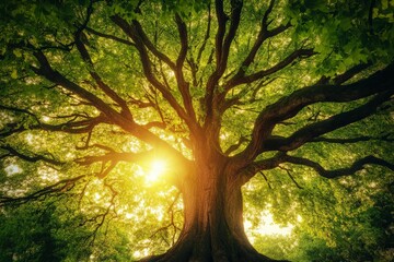Fototapeta premium A grand tree with extensive, far-reaching branches, with sunlight filtering through, surrounded by green leaves, epitomizing the serenity and magnificence of nature.