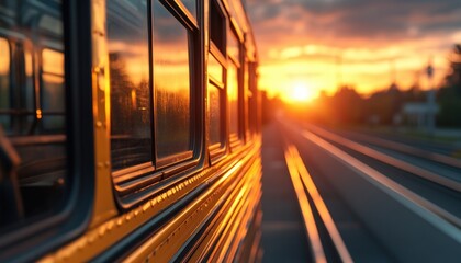 Yellow school bus driving down a road with a beautiful sunset in the background The bus is full of happy students on their way to school in the morning This image captures the joy of learning and the