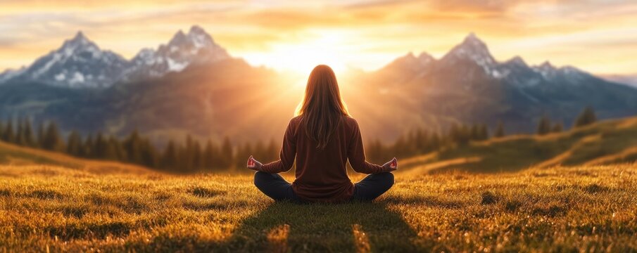 Woman Practicing Yoga Meditation in a Serene Mountain Landscape, Embracing Mindfulness and a Holistic Lifestyle for Inner Peace and Harmony Discover the Transformative Power of Yoga in Nature and