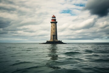A stormy sky looms over a coastal lighthouse, standing tall against the crashing waves.