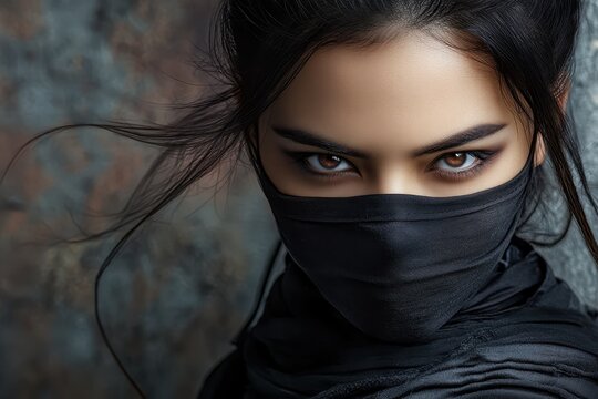 Woman ninja on gray background