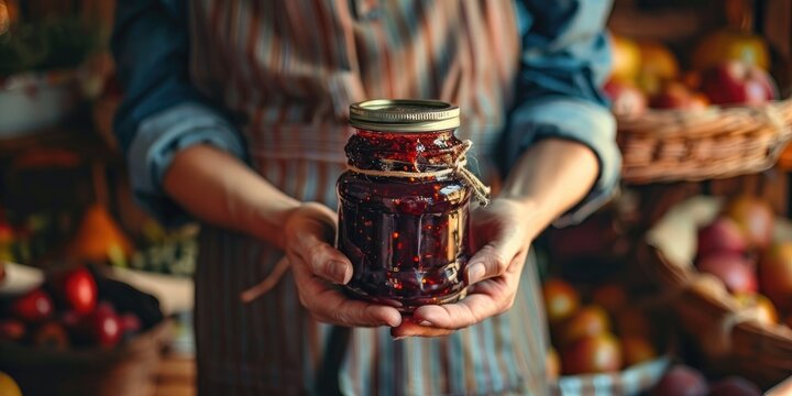 Organic homemade jams in jar held by woman s hands Jam making during quarantine for personal use and sale at home Homemade fruit preserves