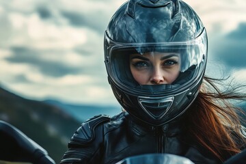 Fototapeta premium Woman rides motorcycle with helmet