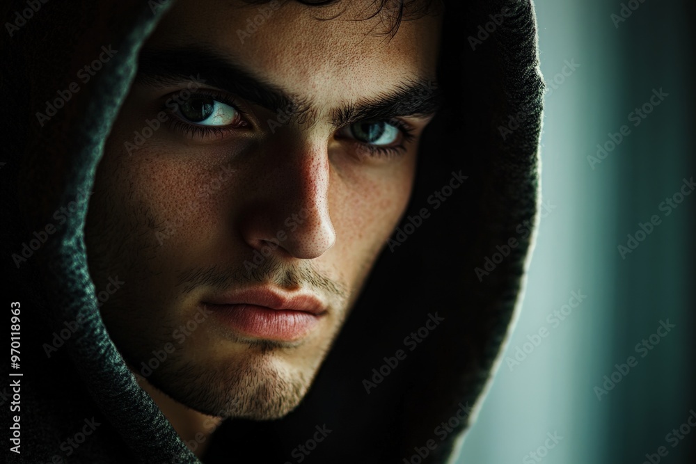 Poster this image depicts a close-up portrait of a young man wearing a hooded sweatshirt, with an intense e