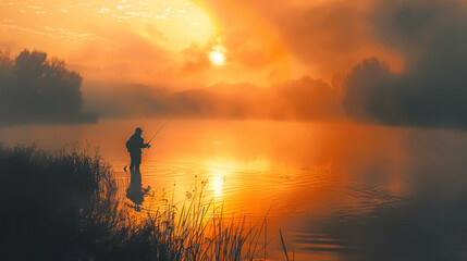 Fisher Fishing on Foggy Sunrise: Early morning fishing scene.