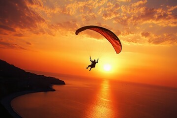 Woman skydiving alone at sunset above beach