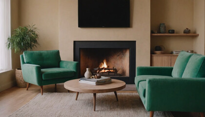 green sofa in a living room with a fireplace