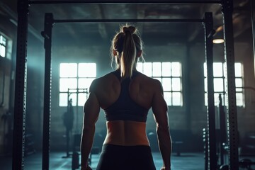 Woman training in dark gym doing pullups and core workout Wide shot back view