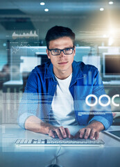 Night, programmer and portrait of man, typing and overlay of interface, keyboard and software....